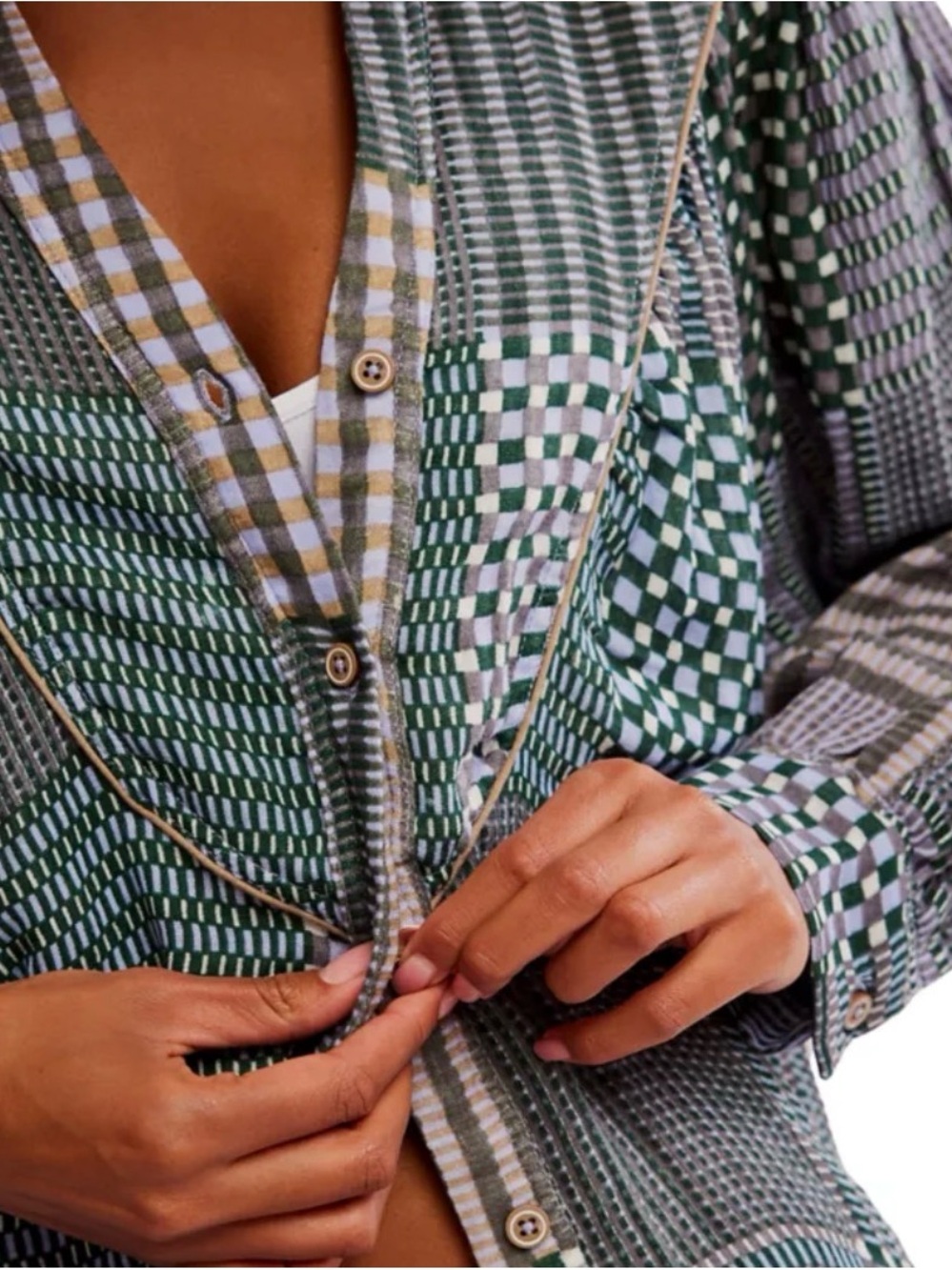 Free People Intimately Patchwork Check Button Down Blouse XS NWT